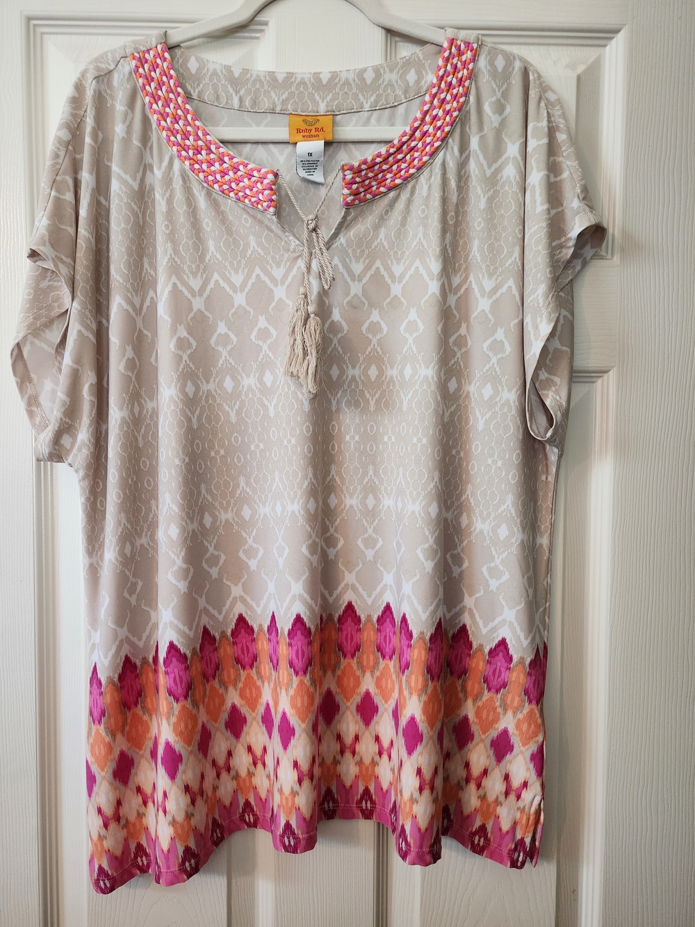 Ruby Rd. Beige Tunic with Pink & Orange Accent Hem